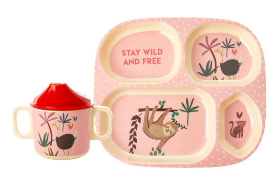 Jungle Pink Print Baby 4 Piece Melamine Dinner Set in Gift Box By Rice